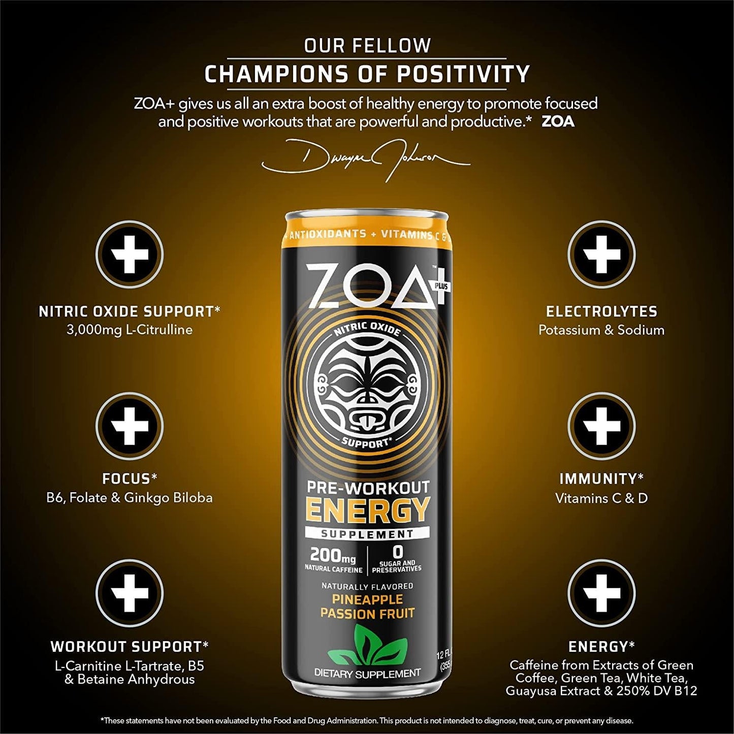 ZOA+ Plus Sugar Free Pre Workout Drinks, 12 Fl Oz | Nitric Oxide Supplement, Vitamin C, Vitamin D, B-Vitamins and 200mg Natural Caffeine | Pineapple Passion Fruit, (12 Pack)