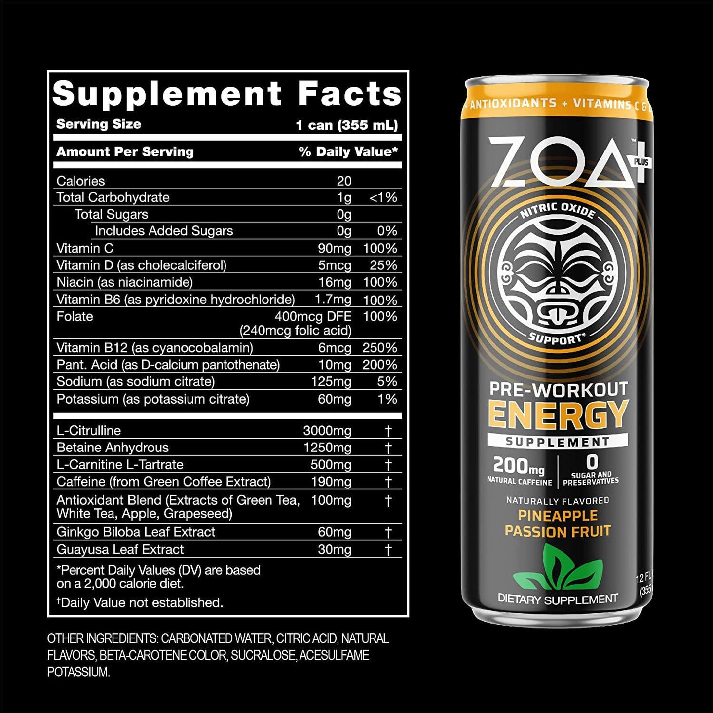 ZOA+ Plus Sugar Free Pre Workout Drinks, 12 Fl Oz | Nitric Oxide Supplement, Vitamin C, Vitamin D, B-Vitamins and 200mg Natural Caffeine | Pineapple Passion Fruit, (12 Pack)