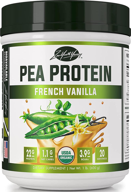 ZYY Flavored Pea Protein Powder - Organic Hydrolyzed Vegan All Natural Canada Grown Peas, Easy to Digest, Dairy Free, Gluten Free, Soy Free, Sugar Free, Non-GMO with BCAA - French Vanilla