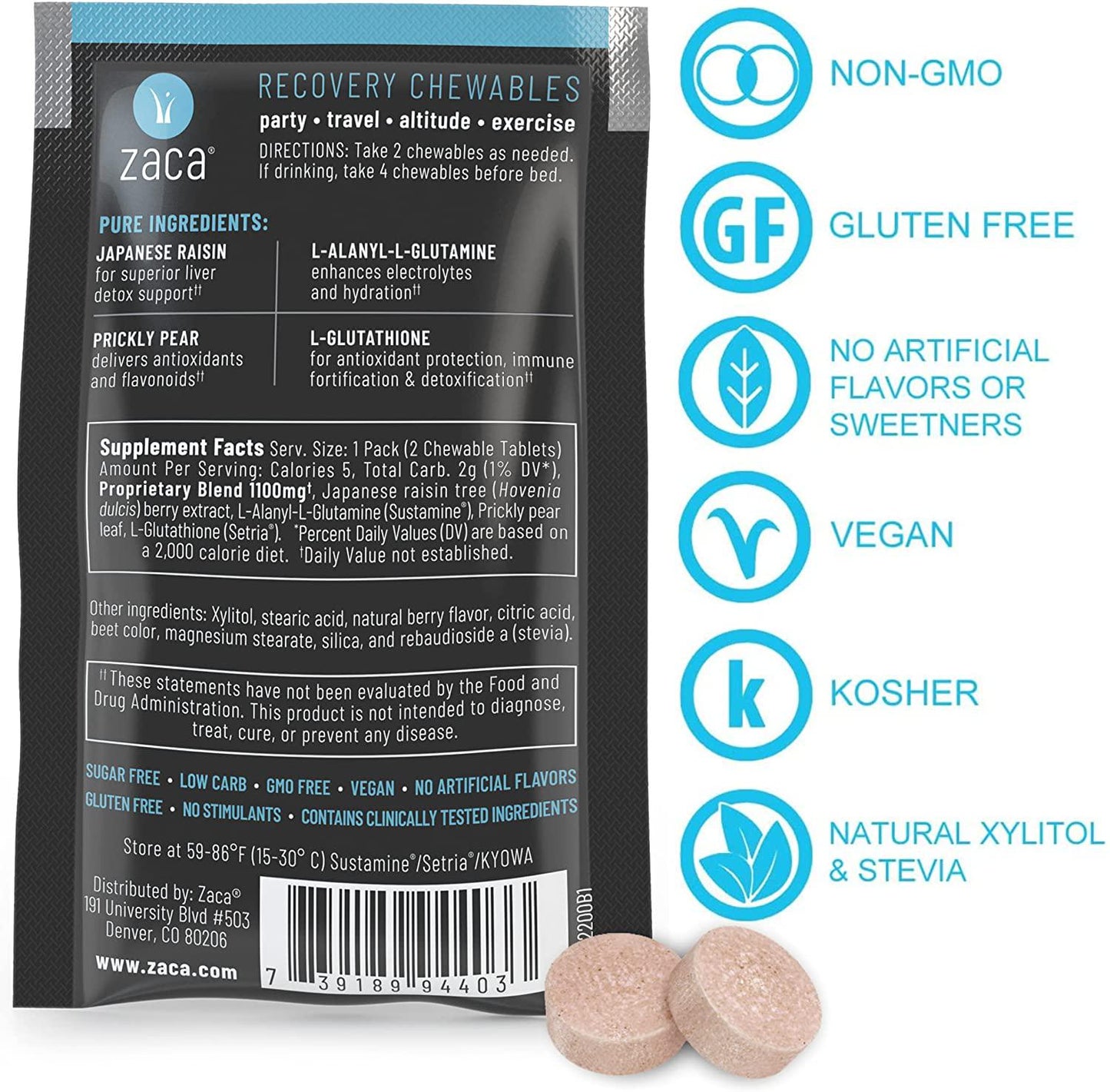 Zaca Recovery Chewable Supplement | Remedy for Hangovers, Exercise, Travel and Altitude | Vegan and Gluten Free | Mixed Berry, 2 Packs = 4 Tablets