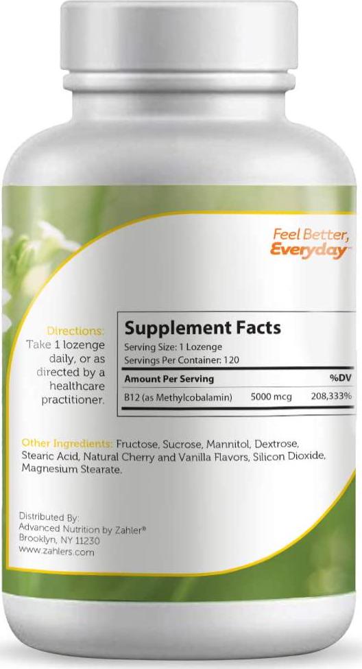 Zahler B12 Energizer, Potent Energy Booster, Vitamin B12 Methylcobalamin, Certified Kosher, 5000 MCG, 120 Natural Cherry Flavor Lozenges