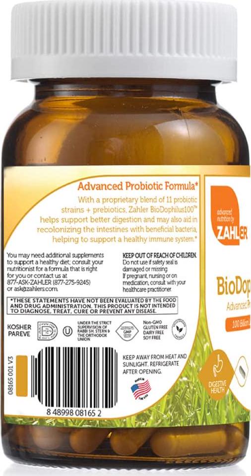 Zahler Biodophilus100, All Natural Probiotic Acidophilus Supplement, Promotes Digestive Health, 100 Billion Live Cultures And Intestinal Flora Per Serving, 30 Capsules