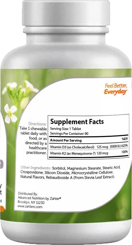 Zahler Chewable Vitamin D3 and K2, Great Tasting Chewable Vitamin D3 with K2 5000IU, Certified Kosher, 90 Chewable Tablets