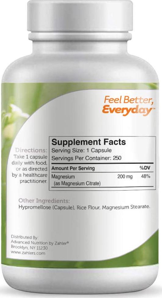 Zahler Magnesium Citrate, All Natural Supplement with Maximum Absorption, Helps Maintain Normal Muscle and Nerve Function, Certified Kosher, 200mg,(250 Count)