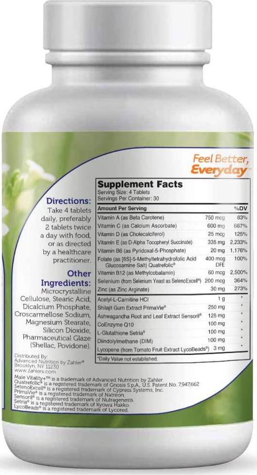 Zahler Male Vitality+, Male Fertility Supplements, Male Formula Supporting Energy and Reproductive Wellness, Certified Kosher, 120 Tablets