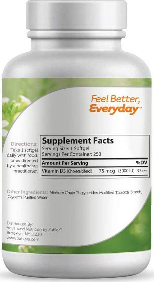 Zahler Vitamin D3 (Cholecalciferol) 3000IU, An All-Natural Supplement Supporting Bone Muscle Teeth and Immune System , #1 Best Top Quality Vitamin D3 with High Absorption, Advanced Formula Targeting Vitamin D Deficiencies, Certified Kosher, 250