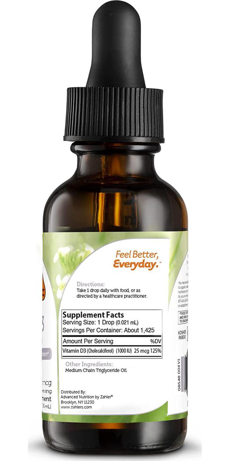 Zahler Vitamin D3 Liquid Drops 1000Iu, An All-Natural Supplement Supporting Bone Muscle Teeth And Immune System, Certified Kosher, 1Oz Dropper