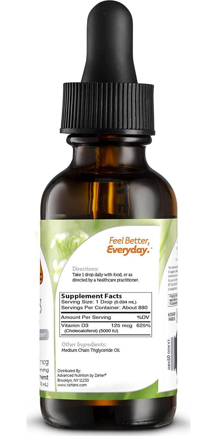 Zahler Vitamin D3 Liquid, Vitamin D Drops, Certified Kosher (5,000IU)