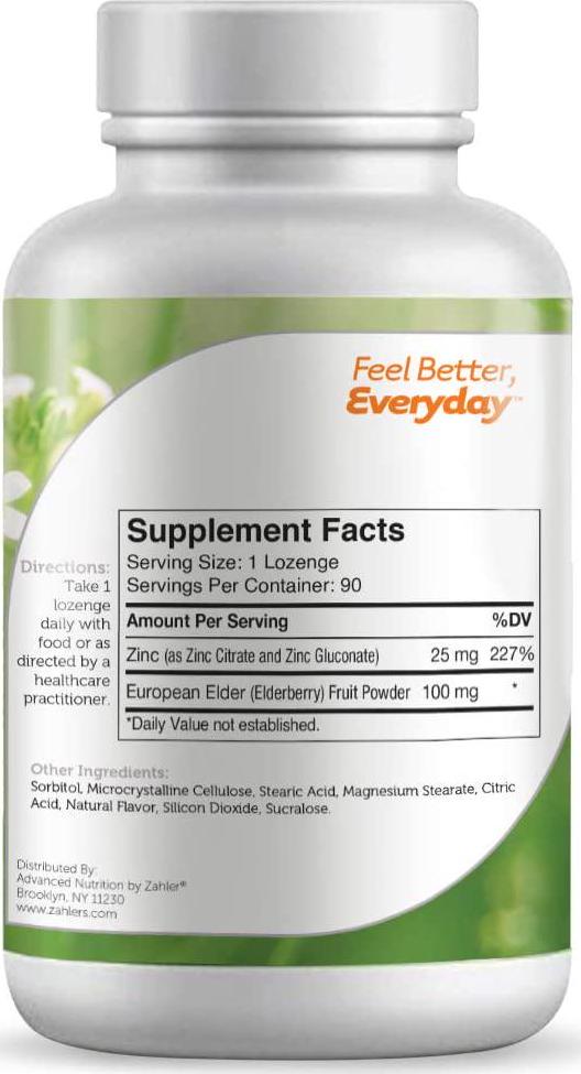 Zahler Zinc Lozenges with Elderberry, 25mg Chewable Zinc Tablets, Immune Support Antioxidant Supplement, Great Tasting Zinc Lozenge for Kids and Adults, Certified Kosher, 90 Lozenges