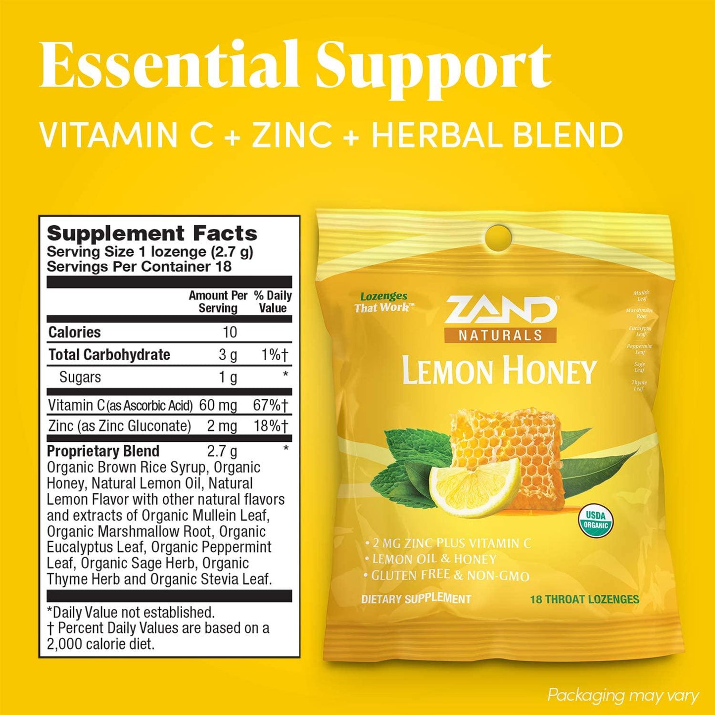 Zand Immunity Organic Lemon Honey HerbaLozenge | Immune Support Throat Drops w/Vitamin C and Zinc (12 Bags, 18 Lozenges)