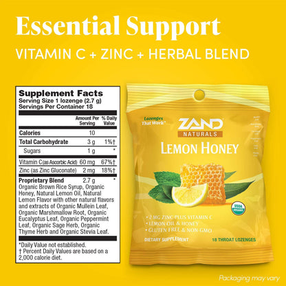 Zand Immunity Organic Lemon Honey HerbaLozenge | Immune Support Throat Drops w/Vitamin C and Zinc (12 Bags, 18 Lozenges)