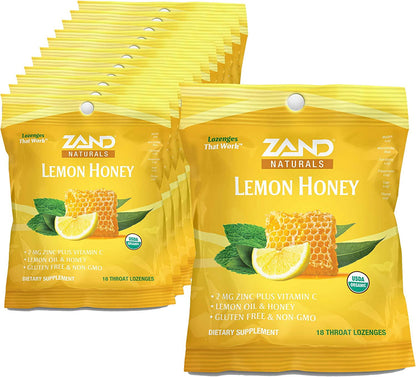 Zand Immunity Organic Lemon Honey HerbaLozenge | Immune Support Throat Drops w/Vitamin C and Zinc (12 Bags, 18 Lozenges)