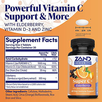 Zand Immunity Super C+ with Elderberry, All Day Immune Support, 1000mg PureWay-C Vitamin C Plus Zinc and Vitamin D-3, Enhanced Absorption, 60 Tablets, 30 Servings