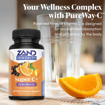 Zand Immunity Super C+ with Elderberry, All Day Immune Support, 1000mg PureWay-C Vitamin C Plus Zinc and Vitamin D-3, Enhanced Absorption, 60 Tablets, 30 Servings