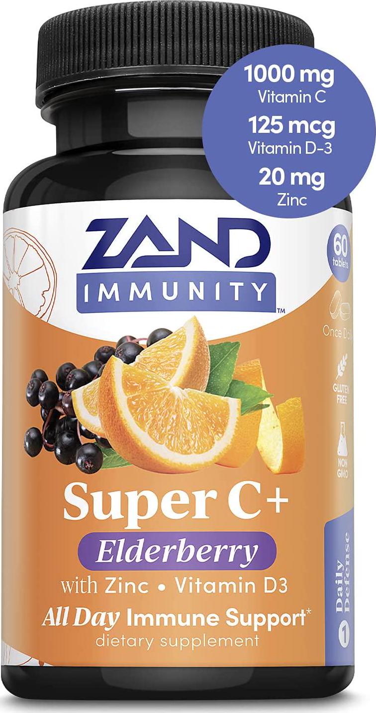 Zand Immunity Super C+ with Elderberry, All Day Immune Support, 1000mg PureWay-C Vitamin C Plus Zinc and Vitamin D-3, Enhanced Absorption, 60 Tablets, 30 Servings