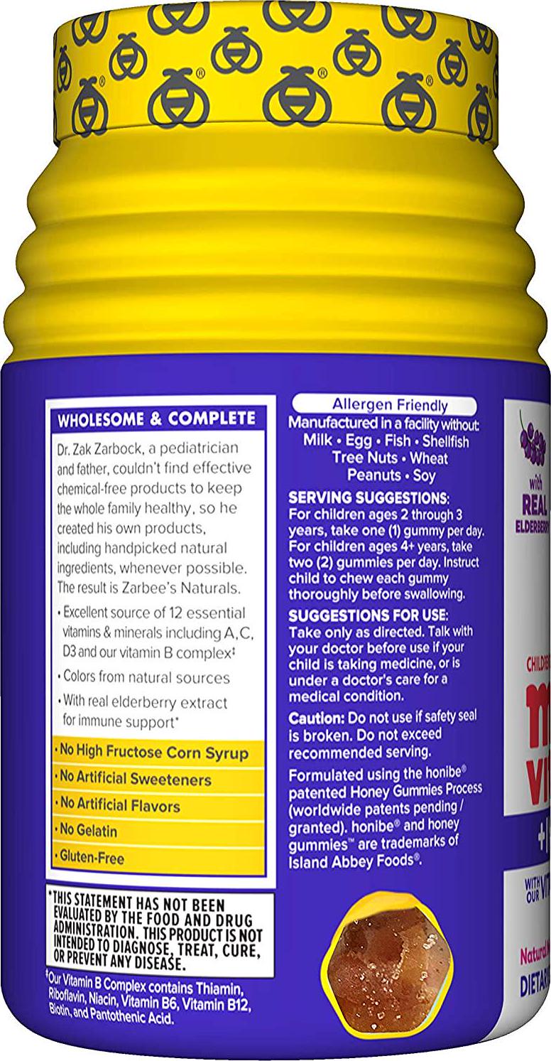 Zarbee's Naturals Children's Complete Multivitamin + Immune Gummies with our Total B Complex and Essential Vitamins, Sweetened with Honey, Natural Mixed Berry Flavors, 70 Gummies