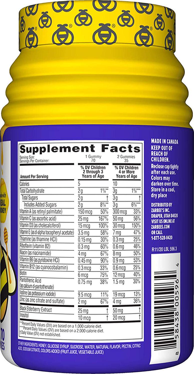 Zarbee's Naturals Children's Complete Multivitamin + Immune Gummies with our Total B Complex and Essential Vitamins, Sweetened with Honey, Natural Mixed Berry Flavors, 70 Gummies