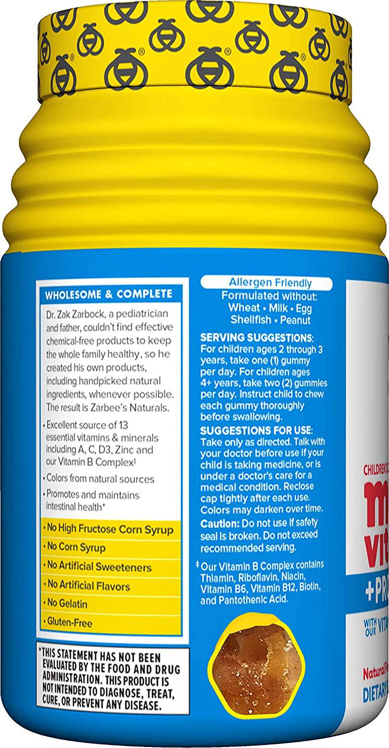 Zarbee's Naturals Children's Complete Multivitamin + Probiotic Gummies with our Total B Complex and Essential Vitamins, Natural Fruit Flavors, 70 Gummies