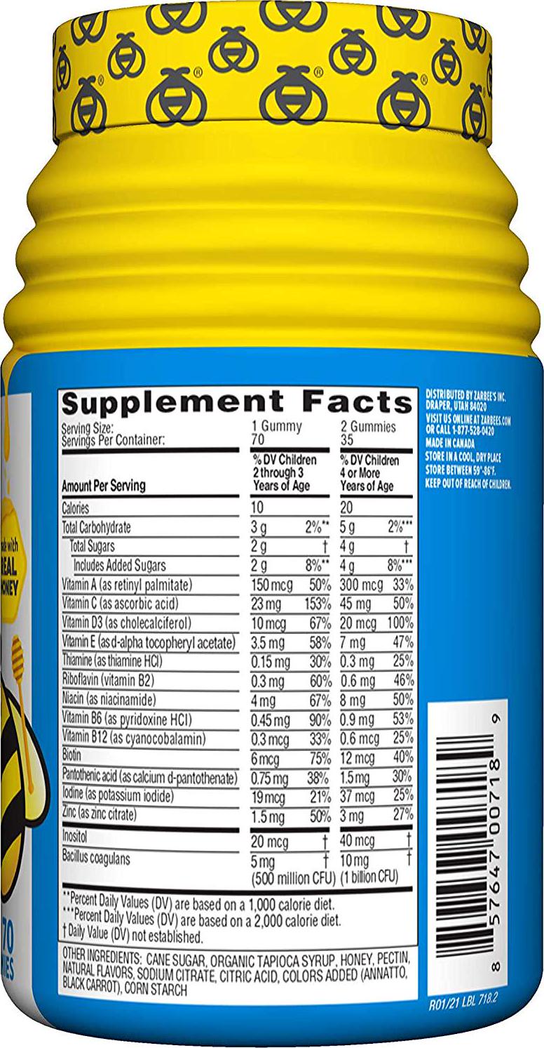 Zarbee's Naturals Children's Complete Multivitamin + Probiotic Gummies with our Total B Complex and Essential Vitamins, Natural Fruit Flavors, 70 Gummies