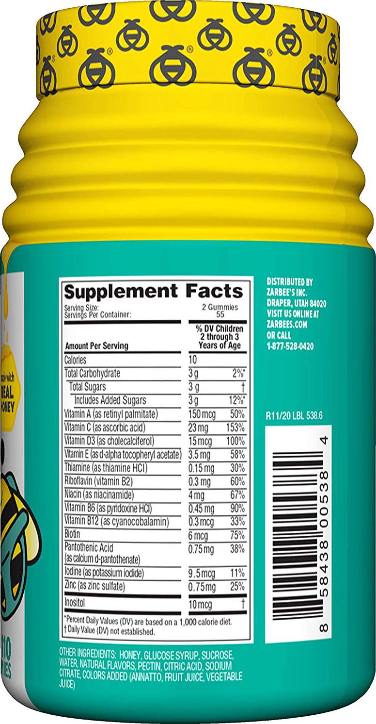 Zarbee's Naturals Complete Toddler Multivitamin With Our total b Complex Gummies, Natural Fruit Flavors, for Children Ages 2-4, 110 Gummies (1 Bottle) With Essential Vitamins