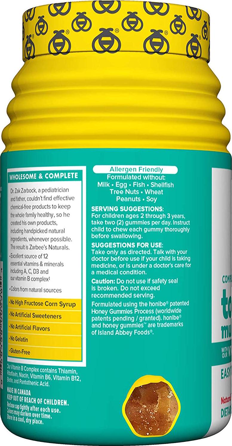 Zarbee's Naturals Complete Toddler Multivitamin With Our total b Complex Gummies, Natural Fruit Flavors, for Children Ages 2-4, 110 Gummies (1 Bottle) With Essential Vitamins