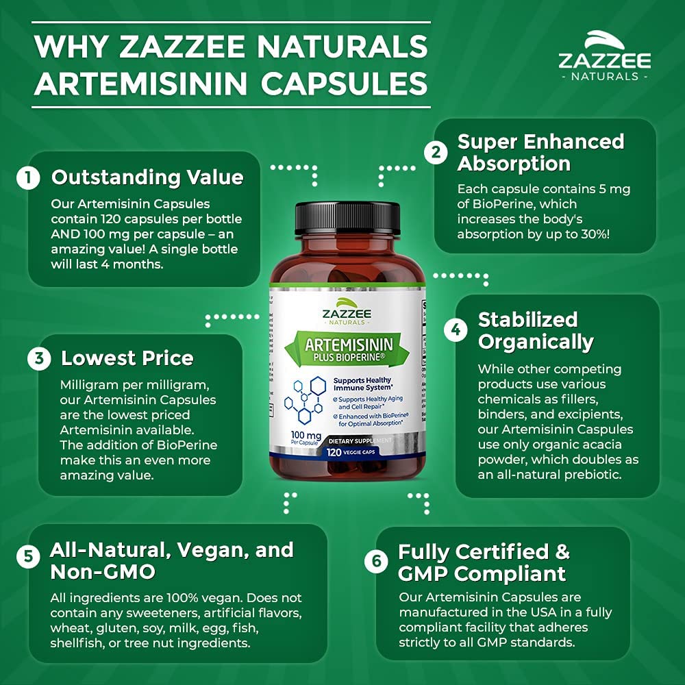 Zazzee Artemisinin, 100 mg per Capsule, 120 Veggie Capsules, 4 Month Supply, Plus 5 mg BioPerine for Enhanced Absorption, Sweet Wormwood Extract, Vegan and Non-GMO