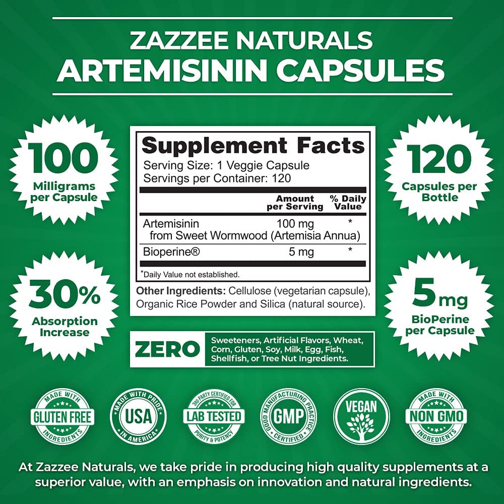 Zazzee Artemisinin, 100 mg per Capsule, 120 Veggie Capsules, 4 Month Supply, Plus 5 mg BioPerine for Enhanced Absorption, Sweet Wormwood Extract, Vegan and Non-GMO