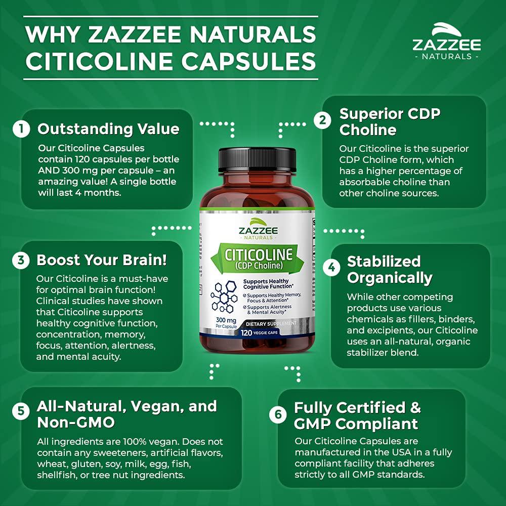 Zazzee Citicoline CDP Choline 300 mg, 120 Veggie Capsules, Vegan, Non-GMO and All-Natural, Pharmaceutical Quality, Contains Organic Stabilizers