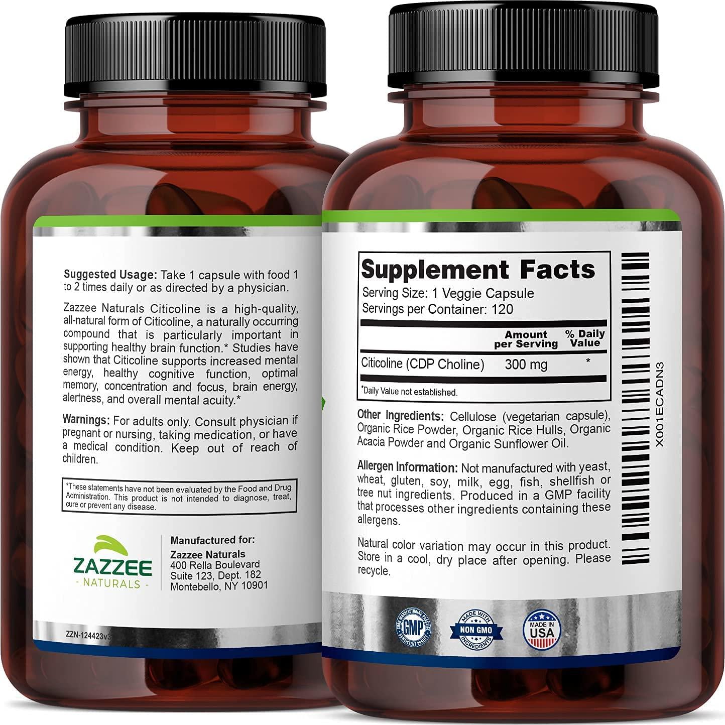 Zazzee Citicoline CDP Choline 300 mg, 120 Veggie Capsules, Vegan, Non-GMO and All-Natural, Pharmaceutical Quality, Contains Organic Stabilizers