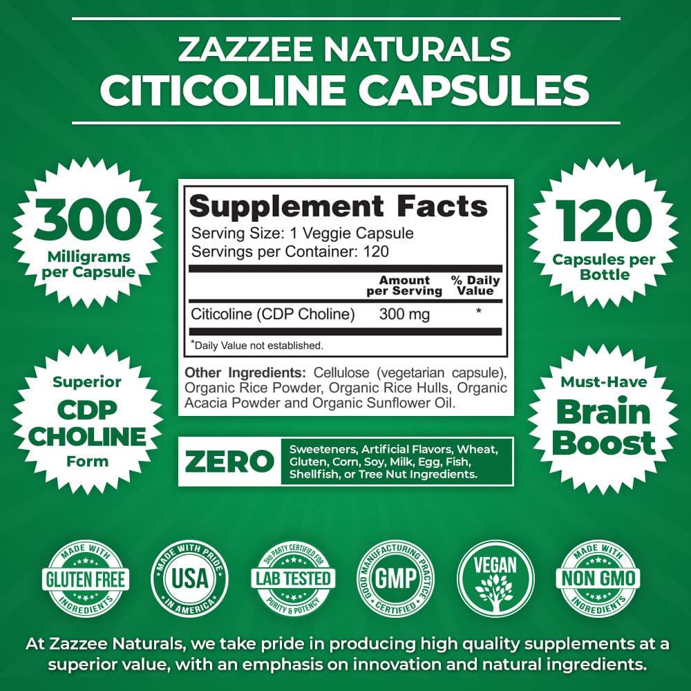 Zazzee Citicoline CDP Choline 300 mg, 120 Veggie Capsules, Vegan, Non-GMO and All-Natural, Pharmaceutical Quality, Contains Organic Stabilizers