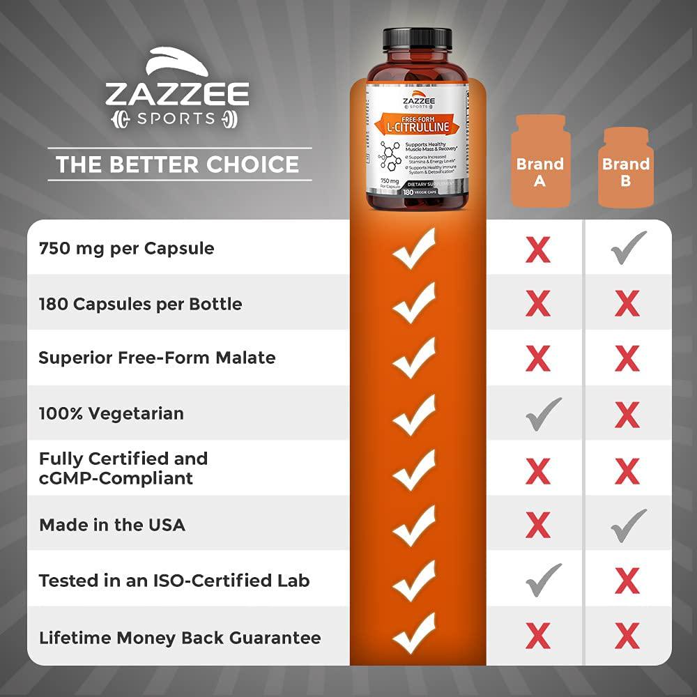 Zazzee L-Citrulline Malate, 180 Vegan Capsules, 750 mg, Superior Free-Form, Vegan, Non-GMO and All Natural, Contains Organic Stabilizers