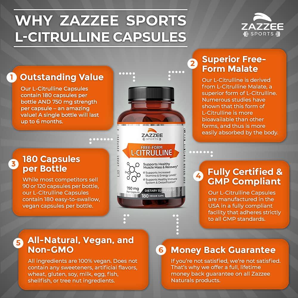 Zazzee L-Citrulline Malate, 180 Vegan Capsules, 750 mg, Superior Free-Form, Vegan, Non-GMO and All Natural, Contains Organic Stabilizers