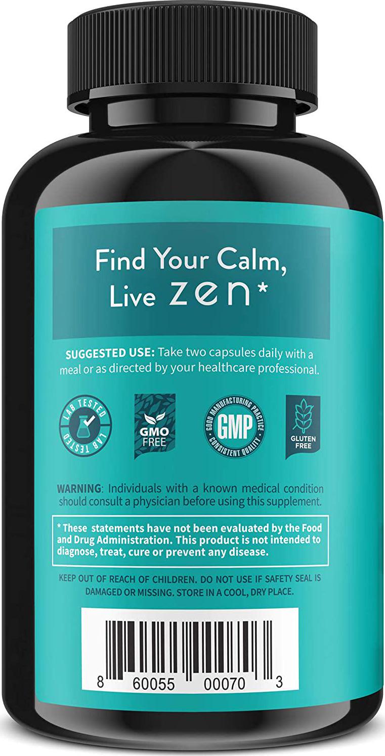 Zen Anxiety and Stress Relief Supplement - Natural Herbal Formula Supporting Calm, Positive Mood with Ashwagandha, L-Theanine, Rhodiola Rosea - 60 Vegetarian Capsules