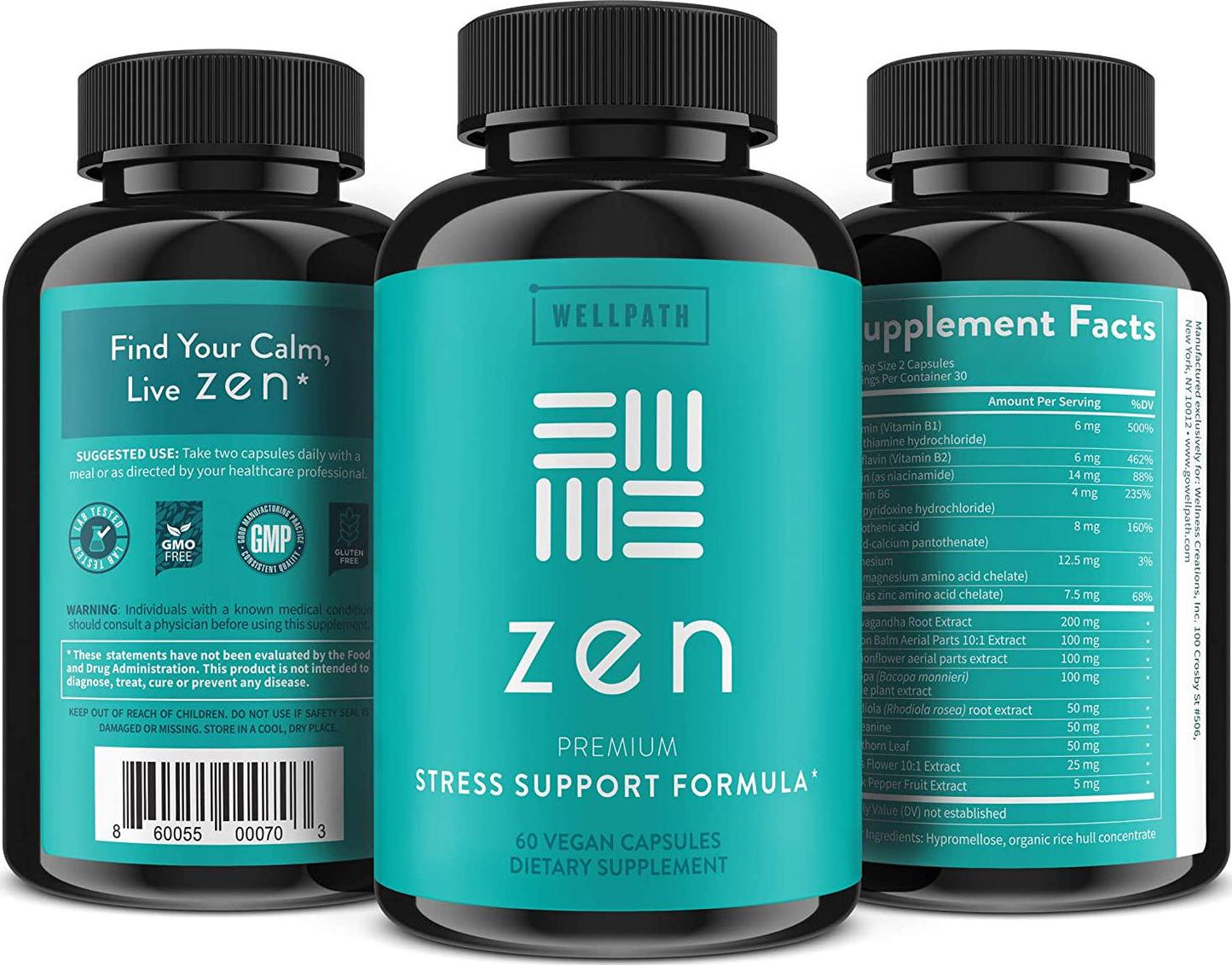 Zen Anxiety and Stress Relief Supplement - Natural Herbal Formula Supporting Calm, Positive Mood with Ashwagandha, L-Theanine, Rhodiola Rosea - 60 Vegetarian Capsules