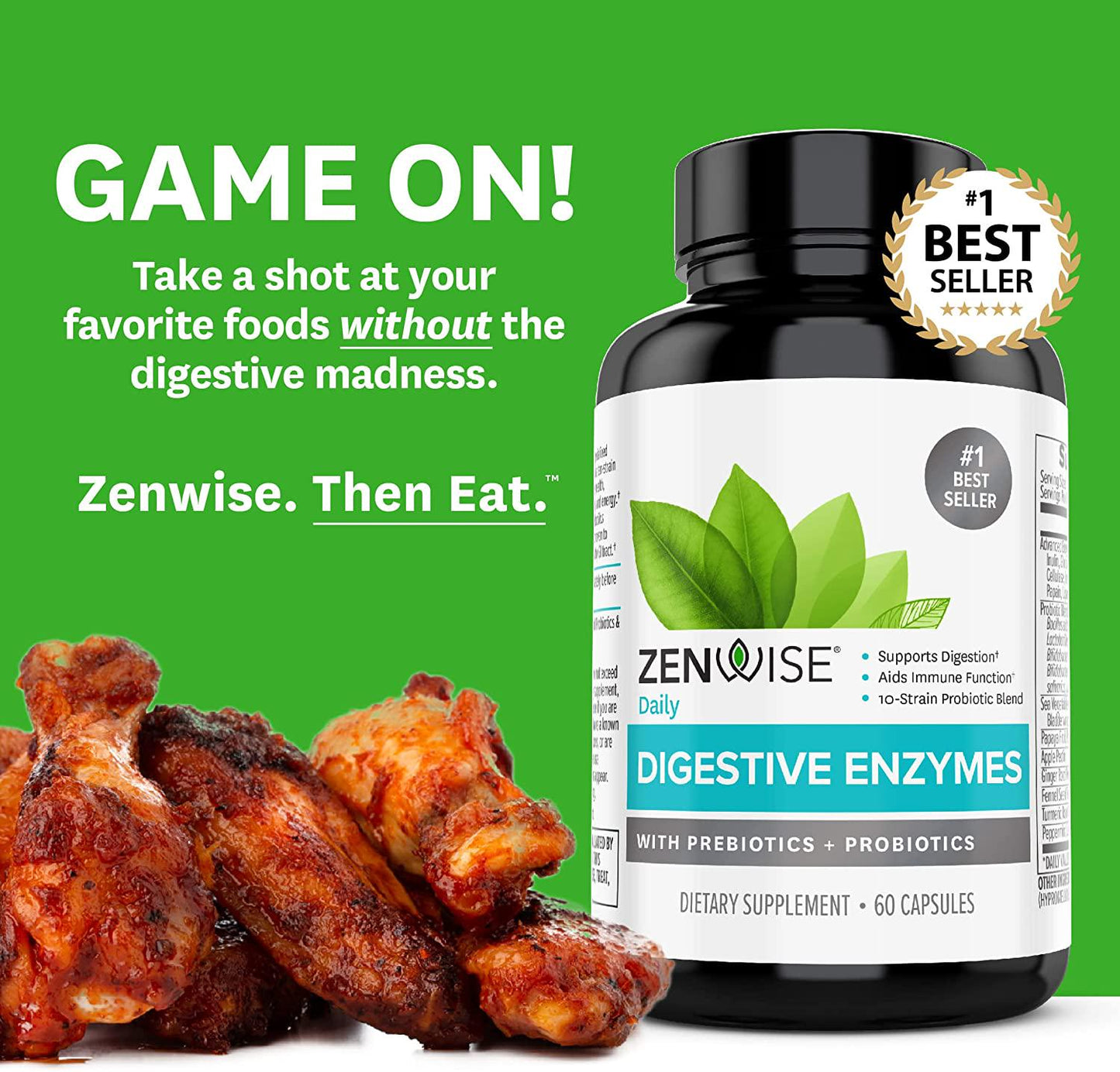 Zenwise Digestive Enzymes Probiotics and Prebiotics - Digestion and Bloating Relief for Women and Men, Lactose Absorption with Amylase and Bromelain, 100 Count