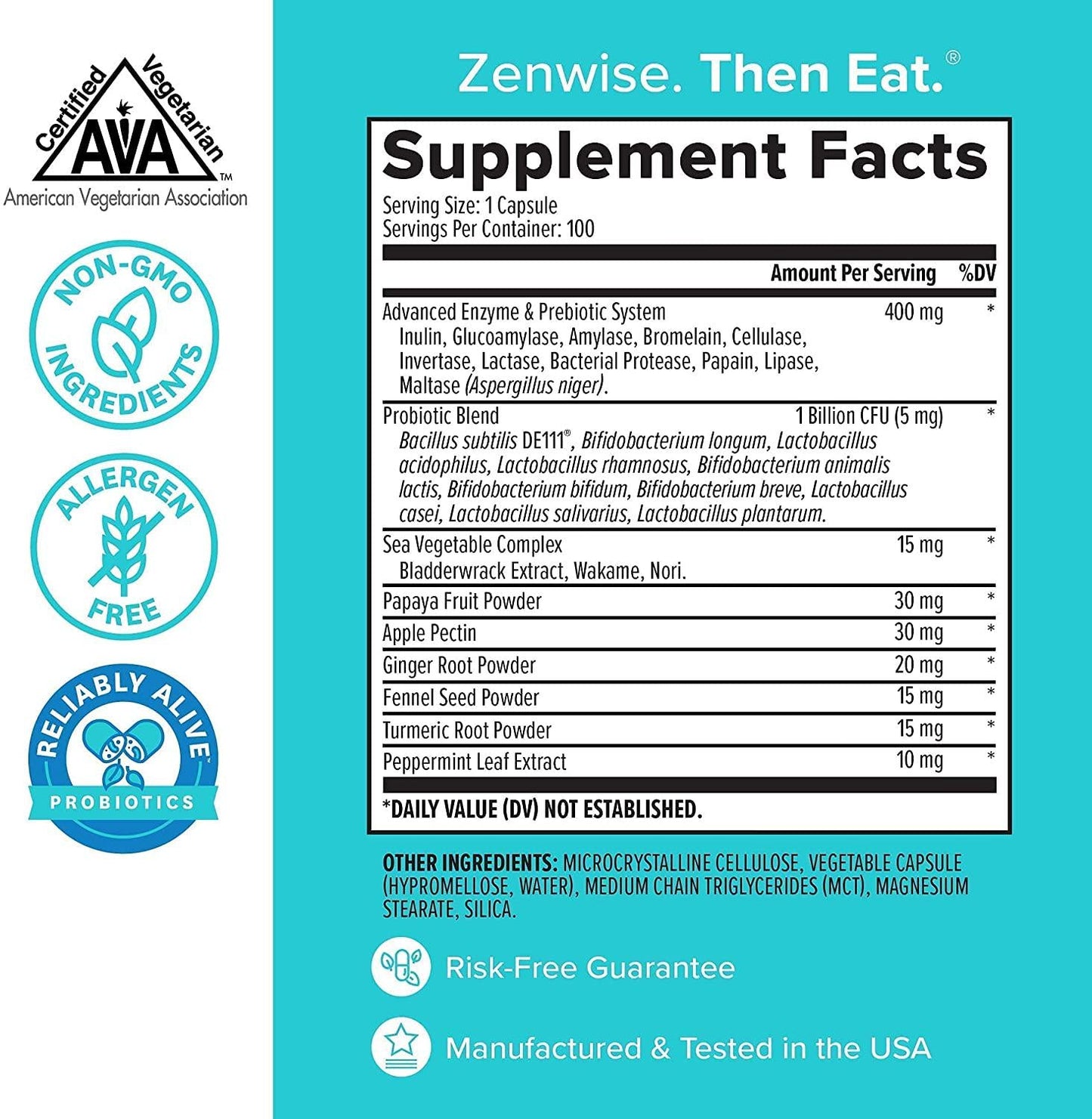 Zenwise Digestive Enzymes Probiotics and Prebiotics - Digestion and Bloating Relief for Women and Men, Lactose Absorption with Amylase and Bromelain, 100 Count