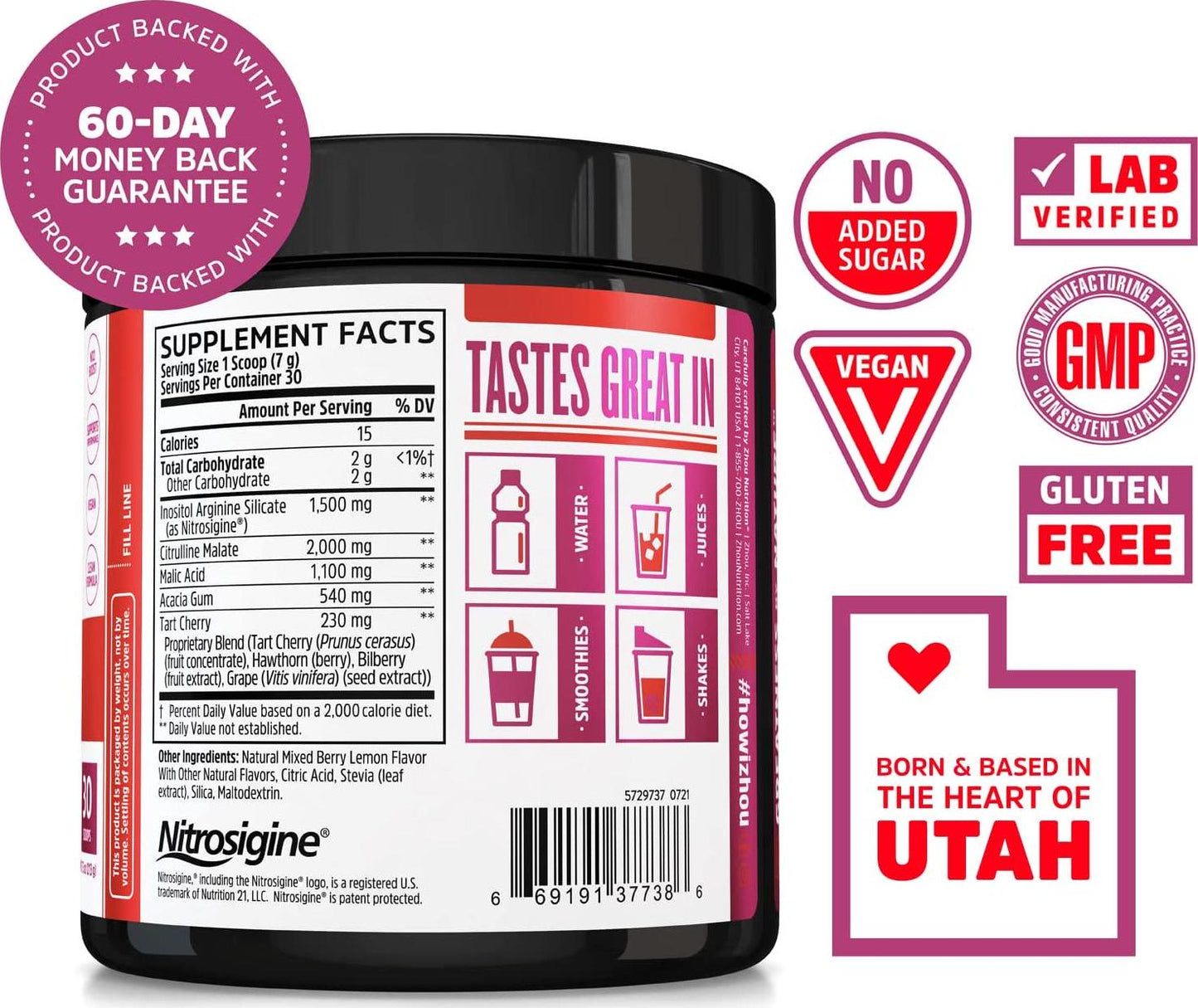 Zhou Nutrition Lite Up, No Caffeine, Non-Stimulant Pre Workout, Nitric Oxide Booster, No Sugar Added, Vegan, Gluten Free, Non GMO, Berry Lemonade, 30 Servings (37738)