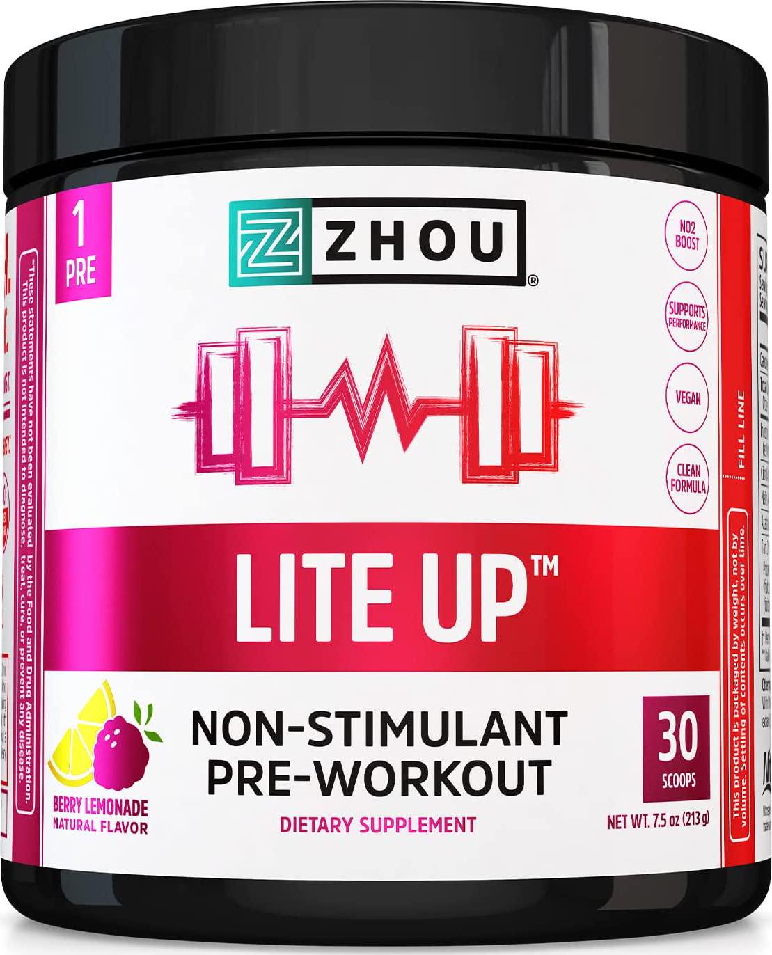 Zhou Nutrition Lite Up, No Caffeine, Non-Stimulant Pre Workout, Nitric Oxide Booster, No Sugar Added, Vegan, Gluten Free, Non GMO, Berry Lemonade, 30 Servings (37738)