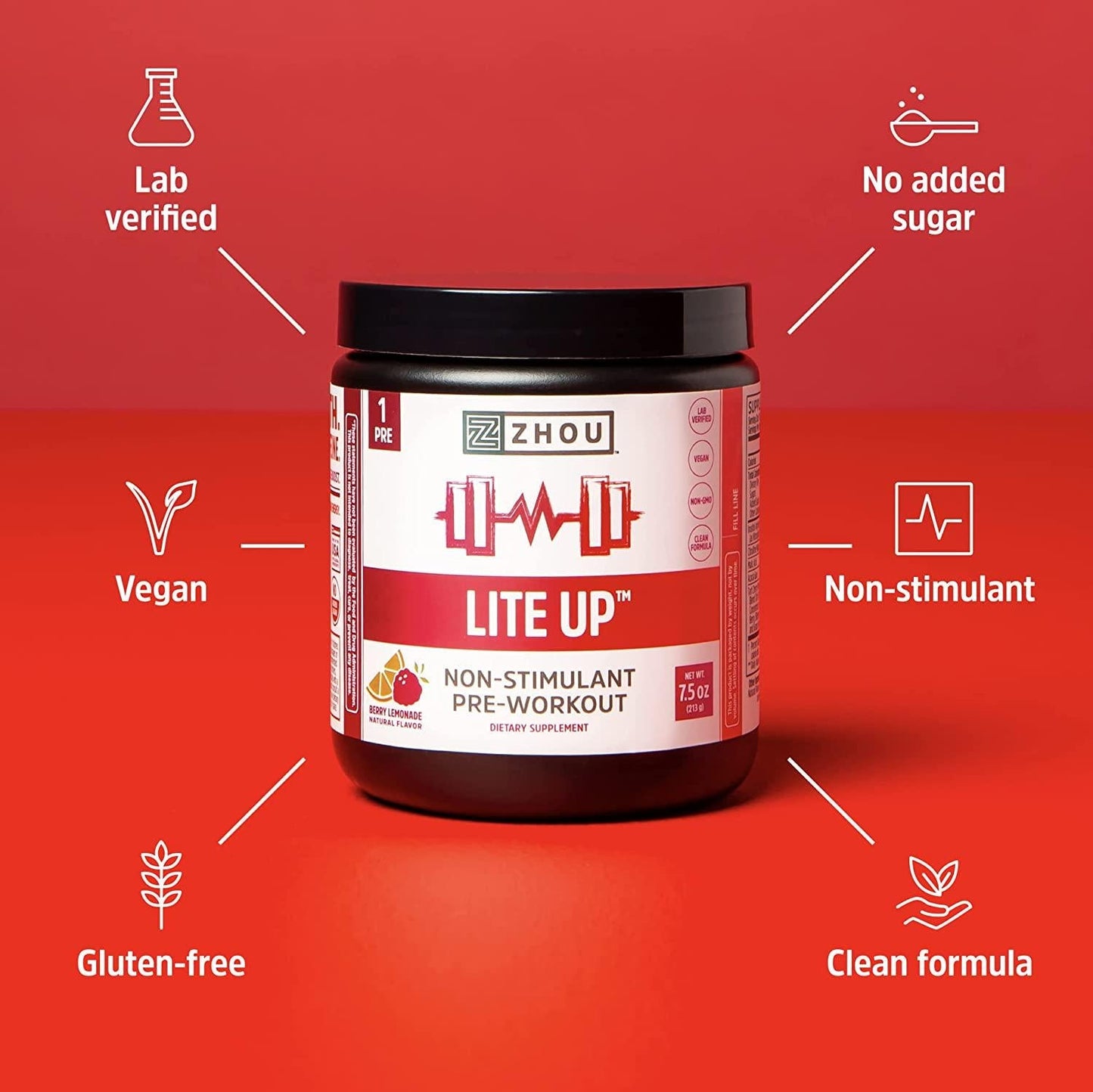 Zhou Nutrition Lite Up, No Caffeine, Non-Stimulant Pre Workout, Nitric Oxide Booster, No Sugar Added, Vegan, Gluten Free, Non GMO, Berry Lemonade, 30 Servings (37738)