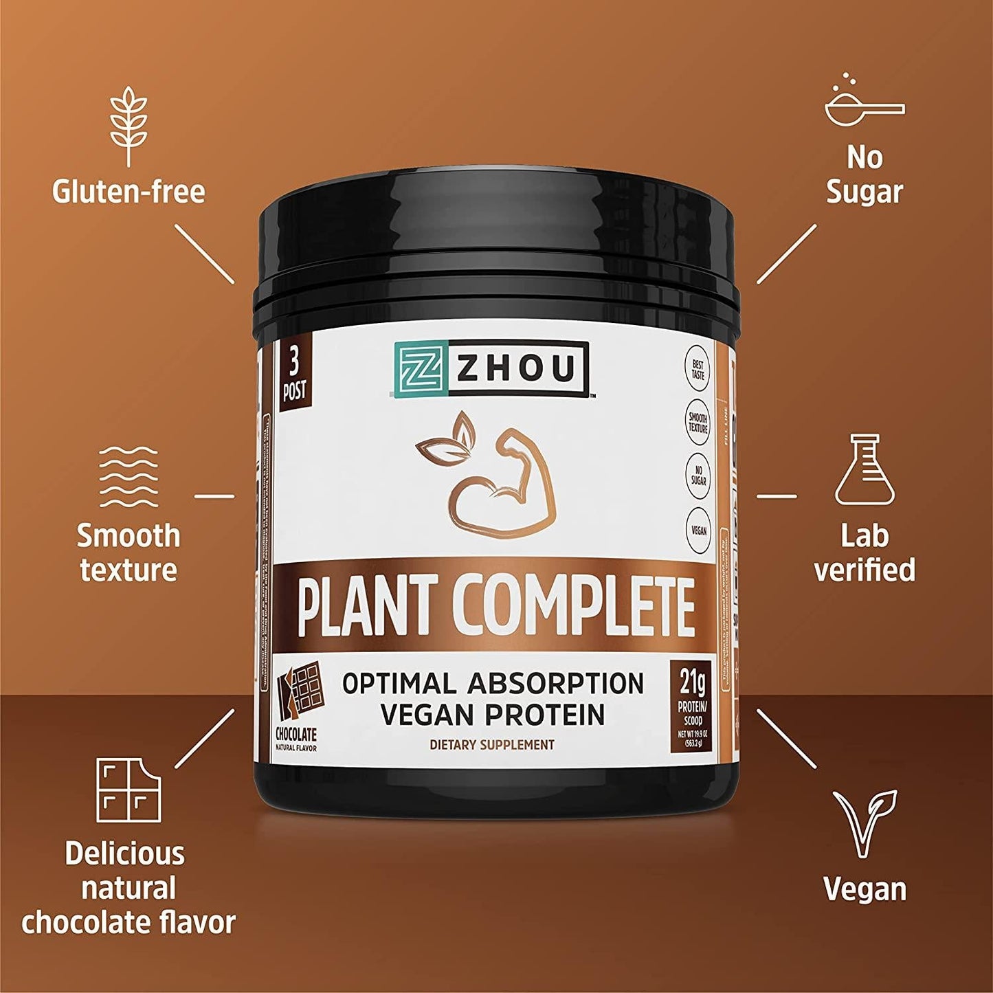 Zhou Nutrition Plant Complete Vegan Protein Powder, Easy to Digest, Non Dairy, No Sugar Added, Gluten Free, Chocolate, 16 Servings