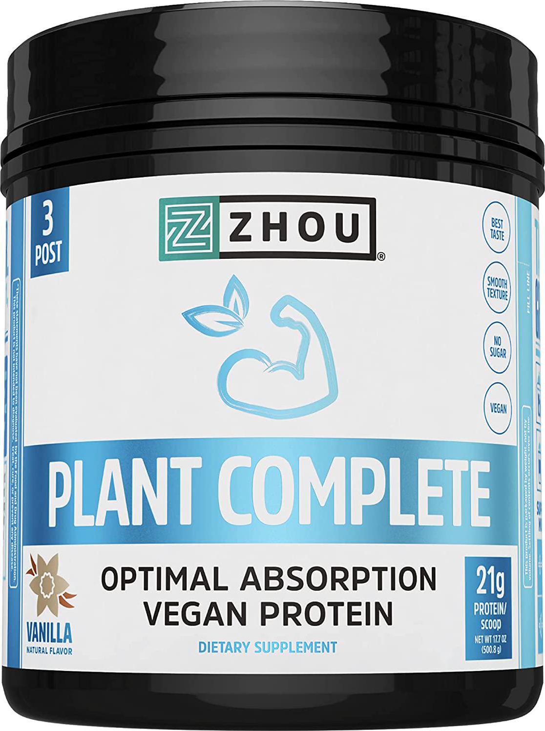 Zhou Nutrition Plant Complete Vegan Protein Powder, Easy to Digest, Non Dairy, No Sugar Added, Gluten Free, Vanilla, 16 Servings