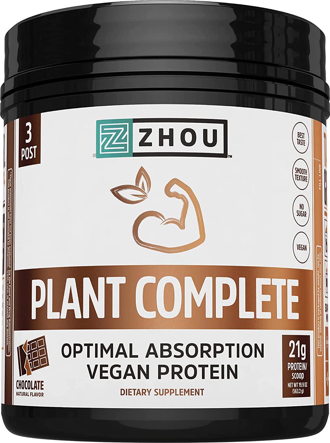 Zhou Nutrition Plant Complete Vegan Protein Powder, Easy to Digest, Non Dairy, No Sugar Added, Gluten Free, Chocolate, 16 Servings