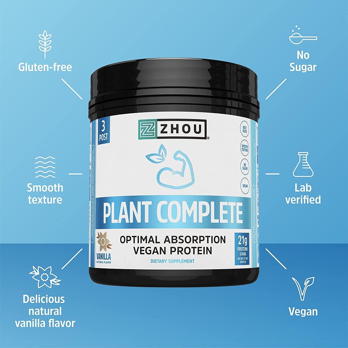 Zhou Nutrition Plant Complete Vegan Protein Powder, Easy to Digest, Non Dairy, No Sugar Added, Gluten Free, Vanilla, 16 Servings