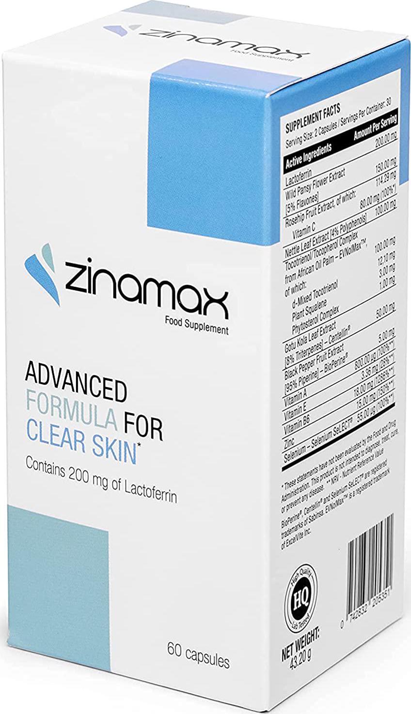 Zinamax Advanced Formula with Lactoferrin for Clear Skin, 60 Capsules