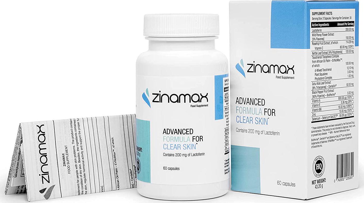 Zinamax Advanced Formula with Lactoferrin for Clear Skin, 60 Capsules