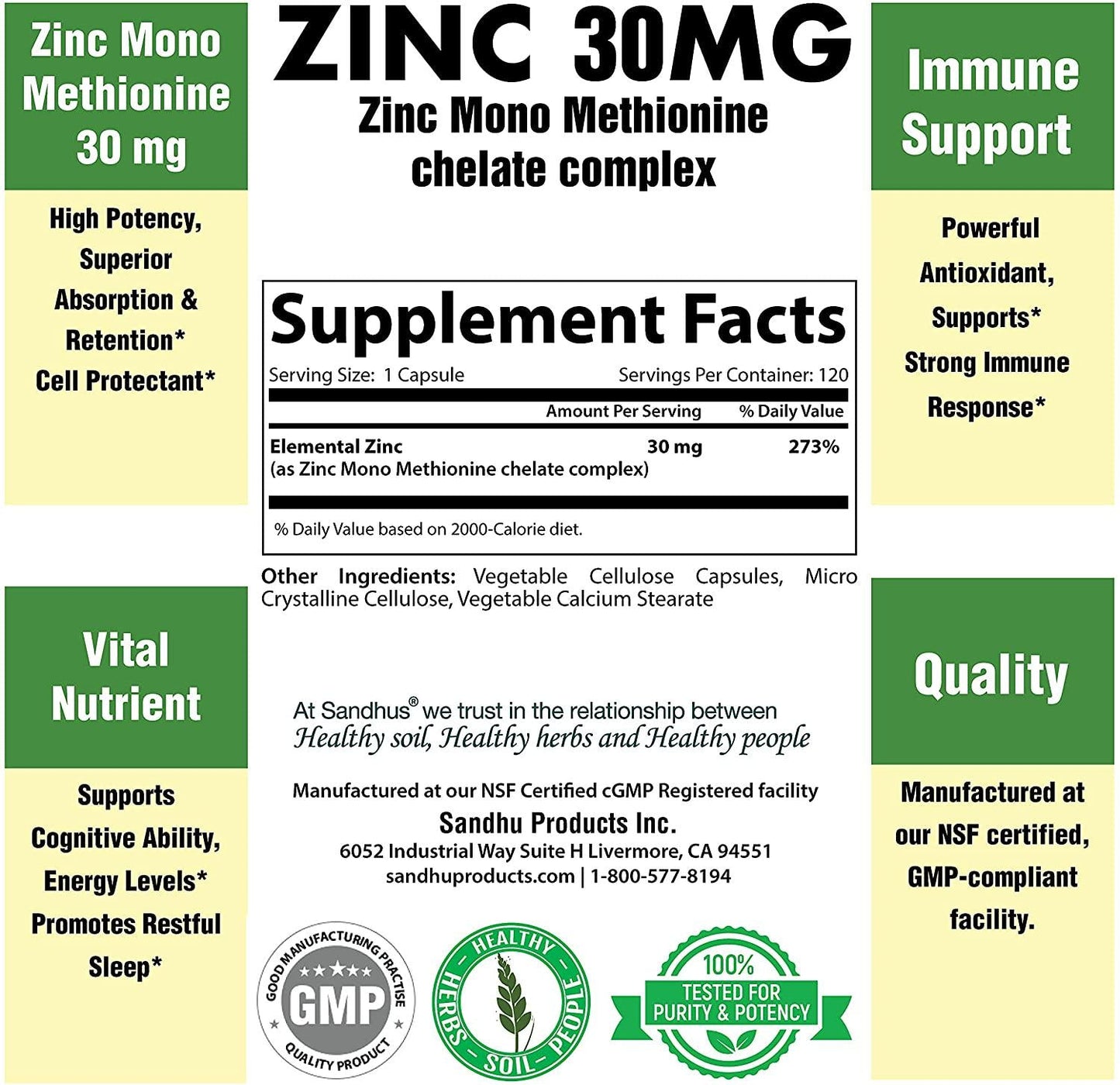 Zinc 30 mg -Zinc Methionine Highly Absorbable BioAvailable Antioxidant Immune Support Daily Vitamin Supplement for Men and Women 4 Months Supply 120 Vegetarian Capsules