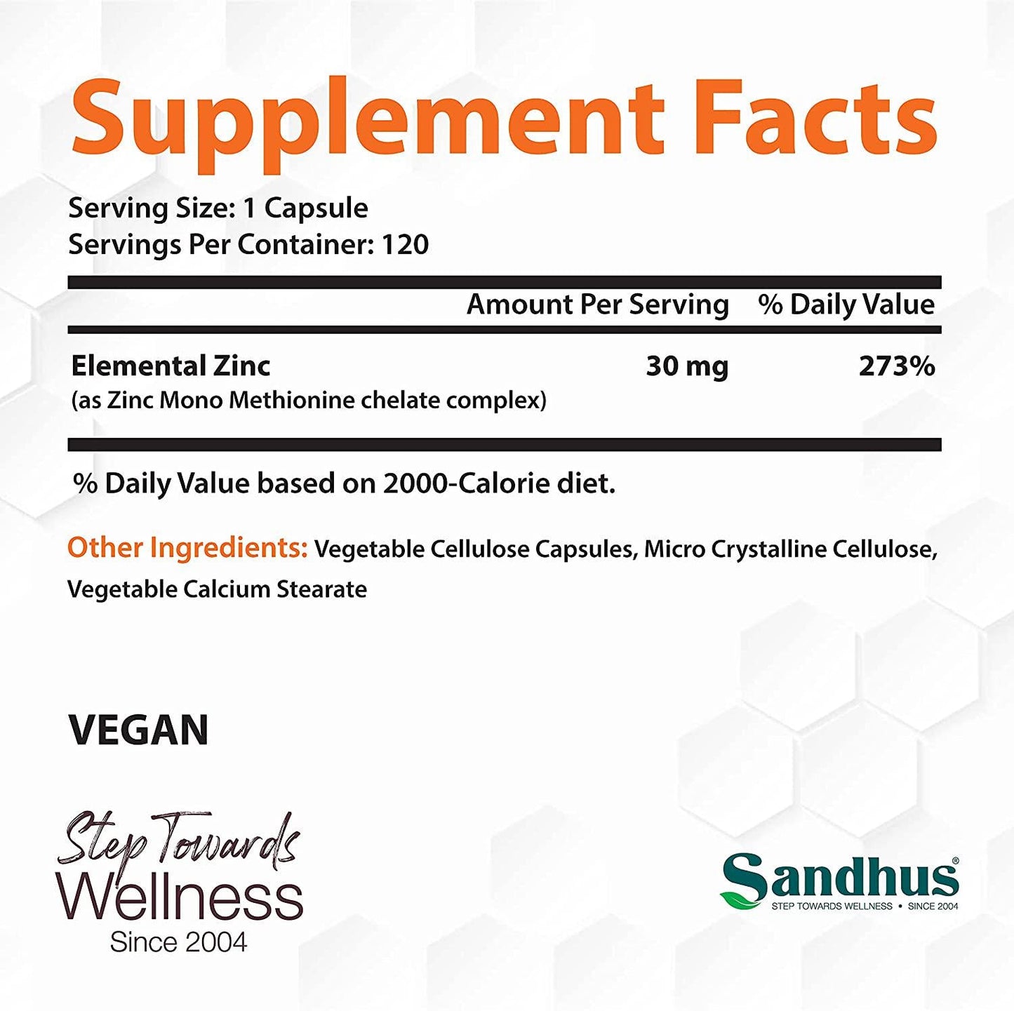 Zinc 30 mg -Zinc Methionine Highly Absorbable BioAvailable Antioxidant Immune Support Daily Vitamin Supplement for Men and Women 4 Months Supply 120 Vegetarian Capsules