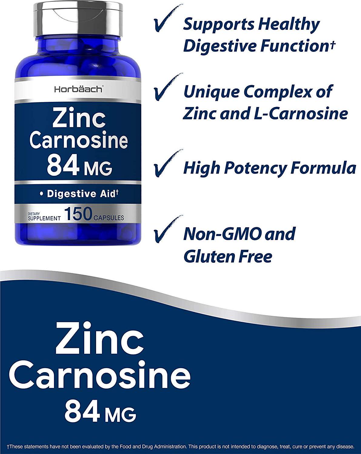 Zinc Carnosine Supplement | 84mg per Capsule | 150 Count | Non-GMO and Gluten Free | by Horbaach