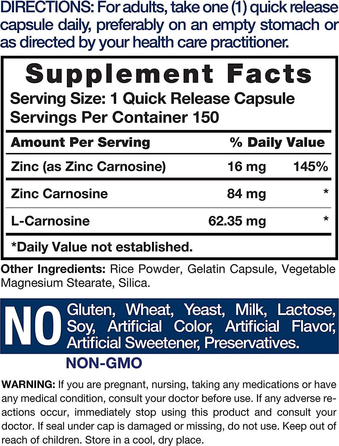 Zinc Carnosine Supplement | 84mg per Capsule | 150 Count | Non-GMO and Gluten Free | by Horbaach