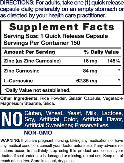 Zinc Carnosine Supplement | 84mg per Capsule | 150 Count | Non-GMO and Gluten Free | by Horbaach